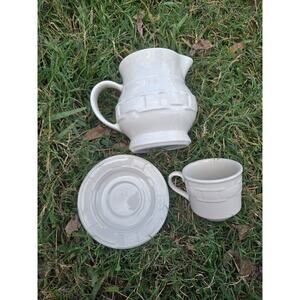 Longaberger Woven Pitcher Ivory 7.5" 2 Quart With Cup And Saucer